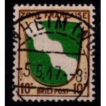 Fransk Zone - Fællesudgave - Provinsvåben - 10 pf. brun/gul/grøn - AFA 5 600 kr.  - Stemplet.